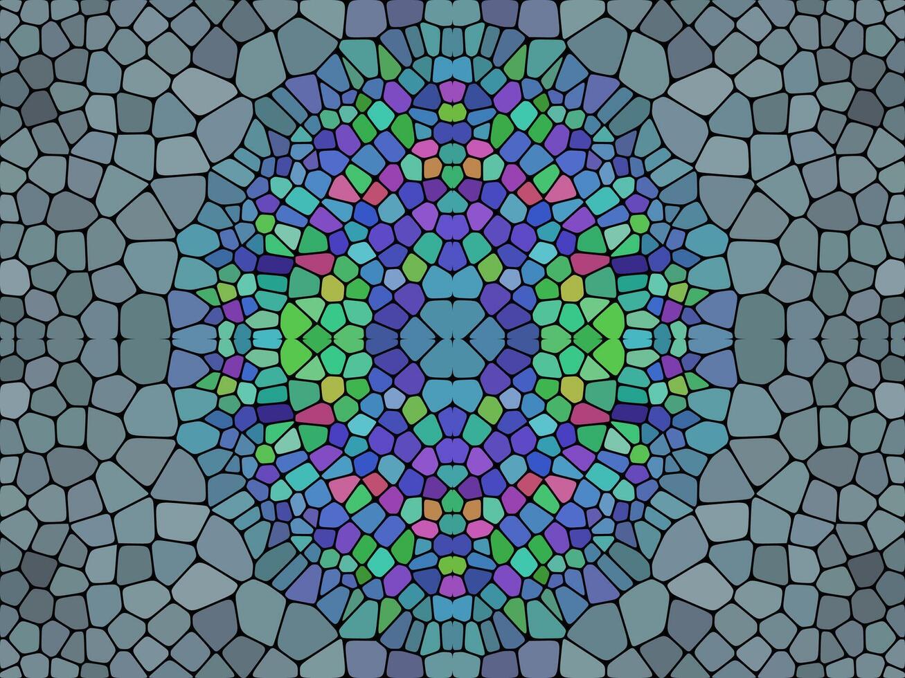 A colorful, symmetrical mosaic pattern with an abstract stained-glass effect, featuring shades of blue, green, purple, and pink against a gray background. vector