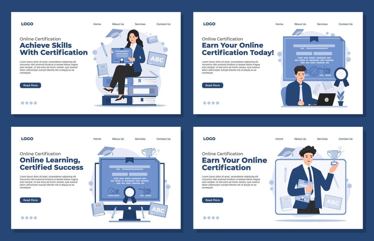 Landing page template Illustration of an online course certification concept, featuring digital learning, achievement, and skill development vector