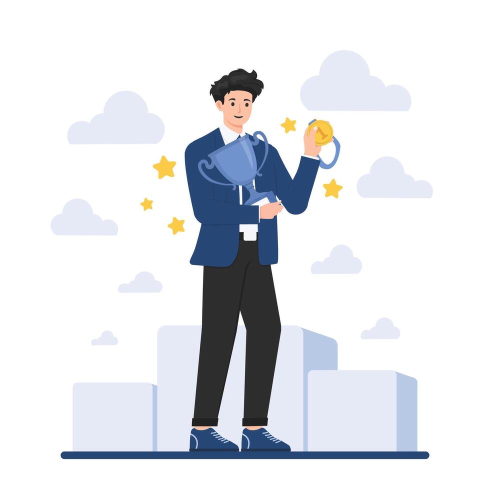 business success, achievement character in business suit holding gold coin and star vector