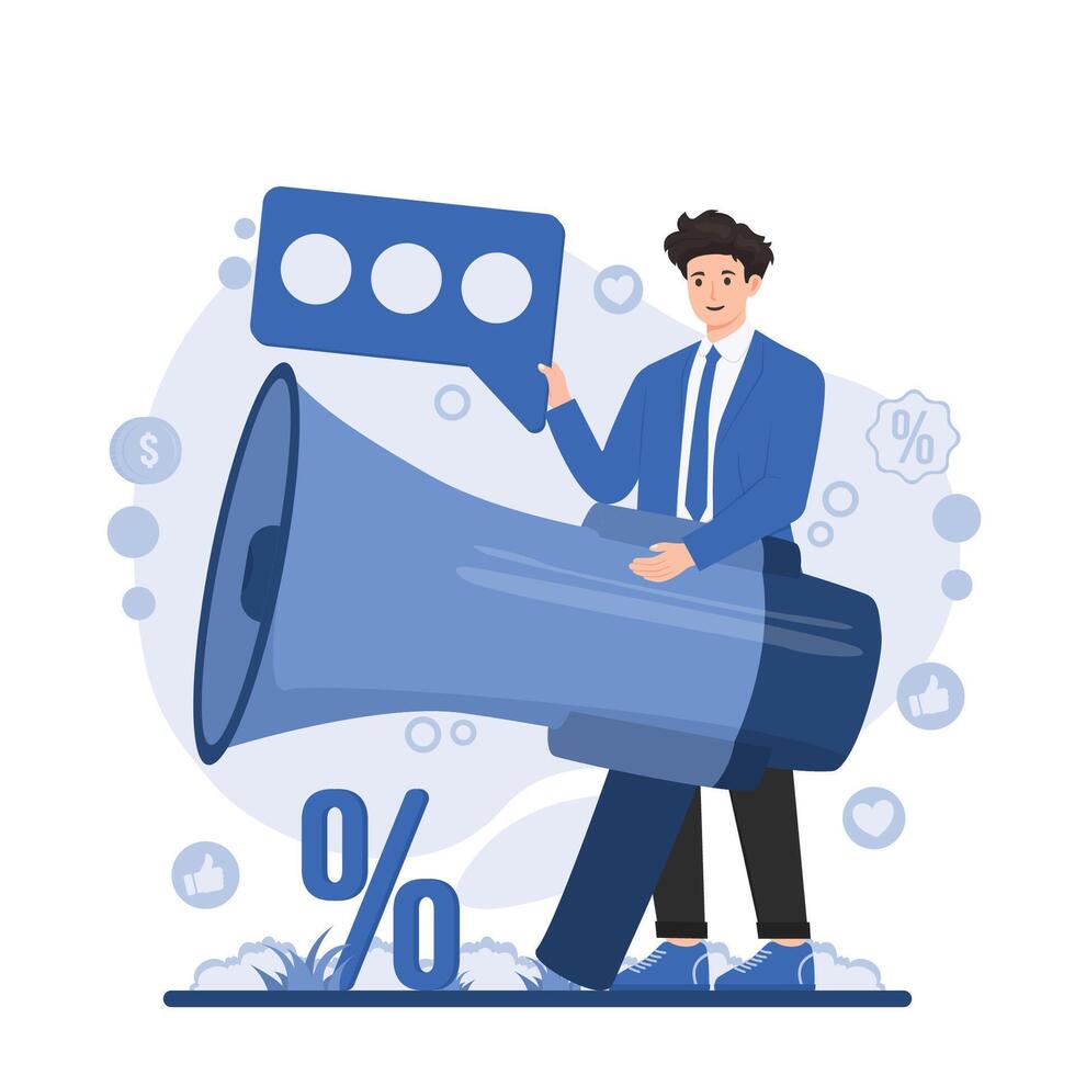 Illustration of a social media promotion discount sale concept, featuring a smartphone, discount banners, social media icons, likes, shares, and digital marketing elements vector