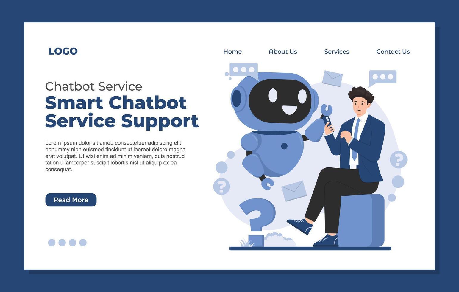 Landing page template AI chatbot service for instant chat bot customer support illustration concept user experience with automated responses and smart assistance vector