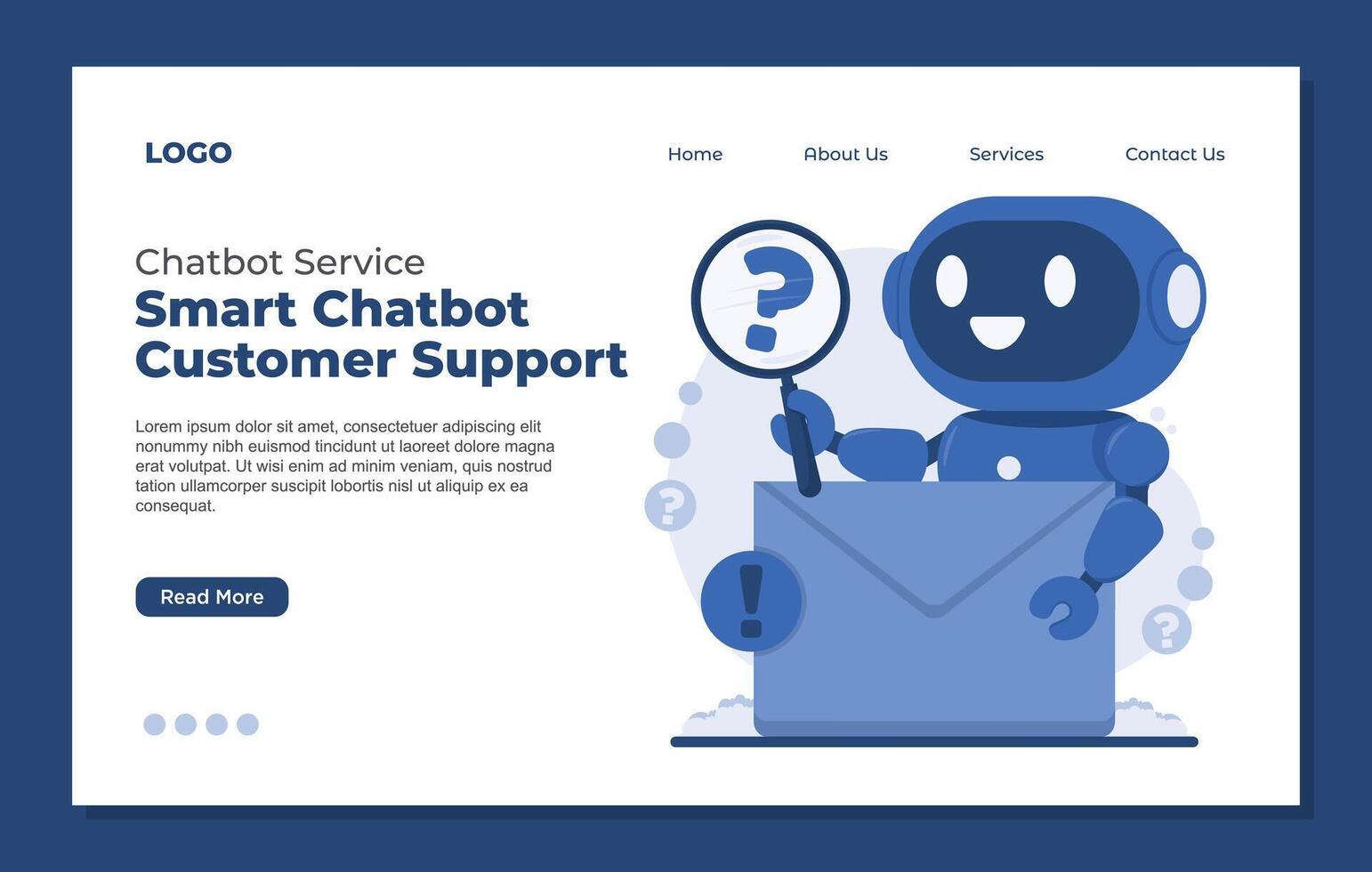 landing page template for chatbot. Cute cartoon robot with question mark and envelope. vector