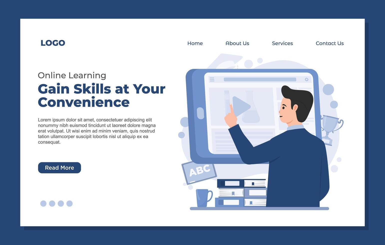 Landing page template for online learning course with tutorials. Flat design illustration. vector