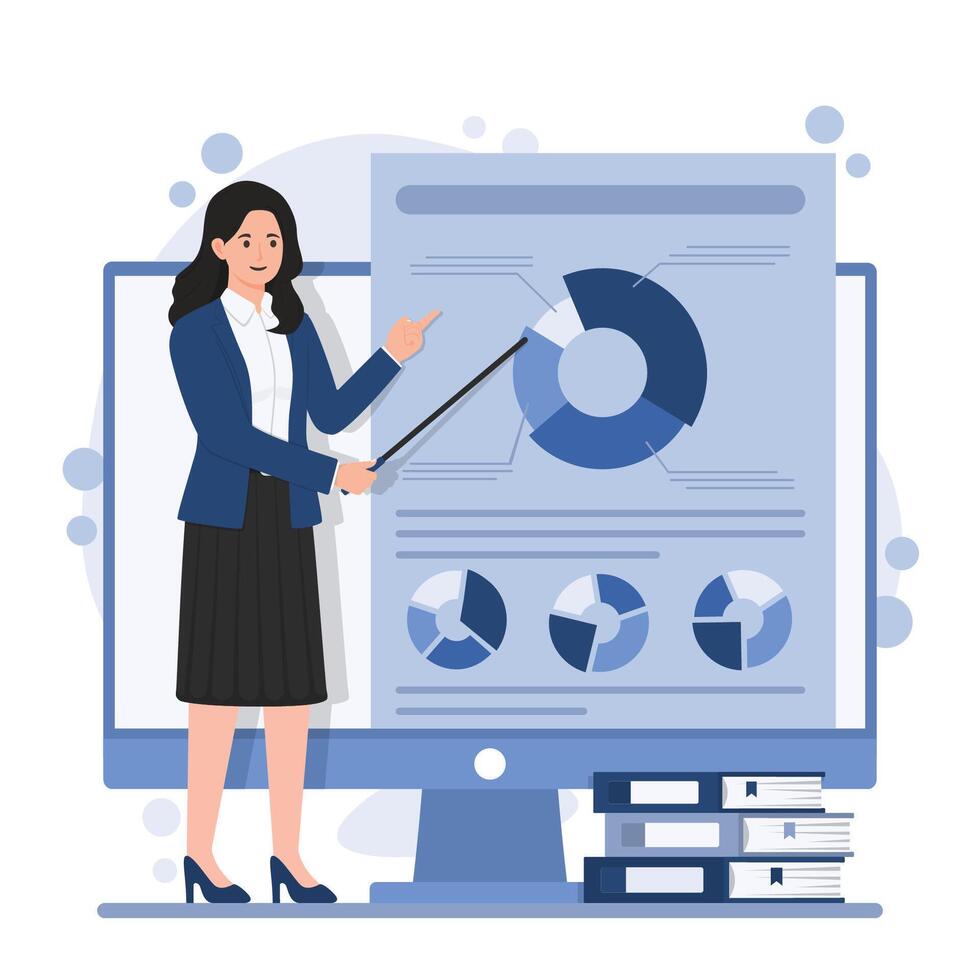 online learning course Female character standing near computer screen and holding pointer. illustration in flat style vector