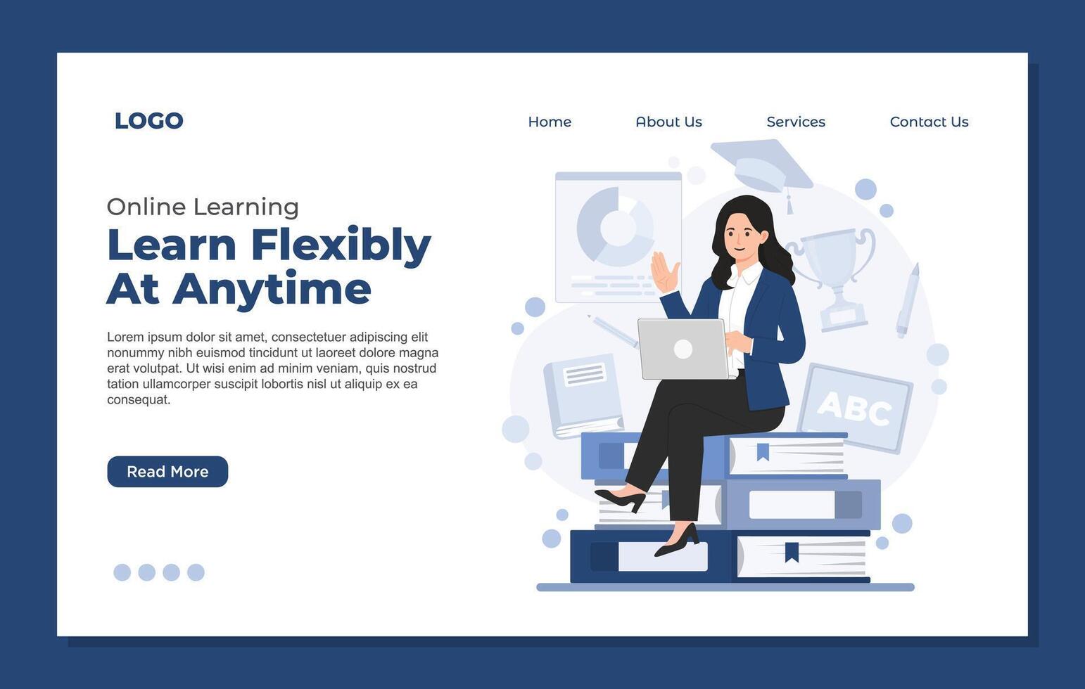Landing page template Illustration of an online learning course with tutorials, featuring digital education, remote study, and training vector