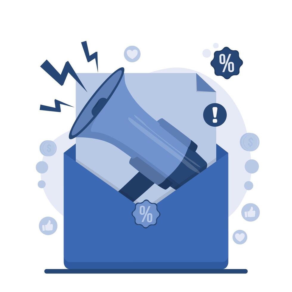 social media marketing promotion discount sale concept Megaphone in envelope. Loudspeaker icon. Flat design illustration. vector