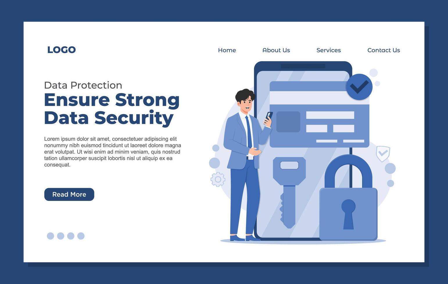 Landing page template Protect personal data with strong cybersecurity. Stay secure server cloud file transaction password padlock online with encryption, authentication, privacy vector
