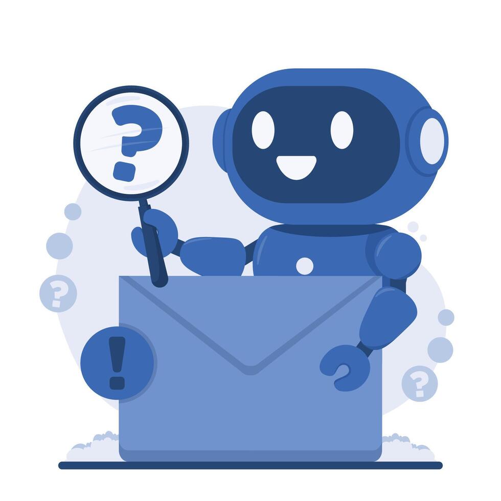 AI chatbot service for instant chat bot customer support Funny robot holding a magnifying glass and a letter. illustration vector