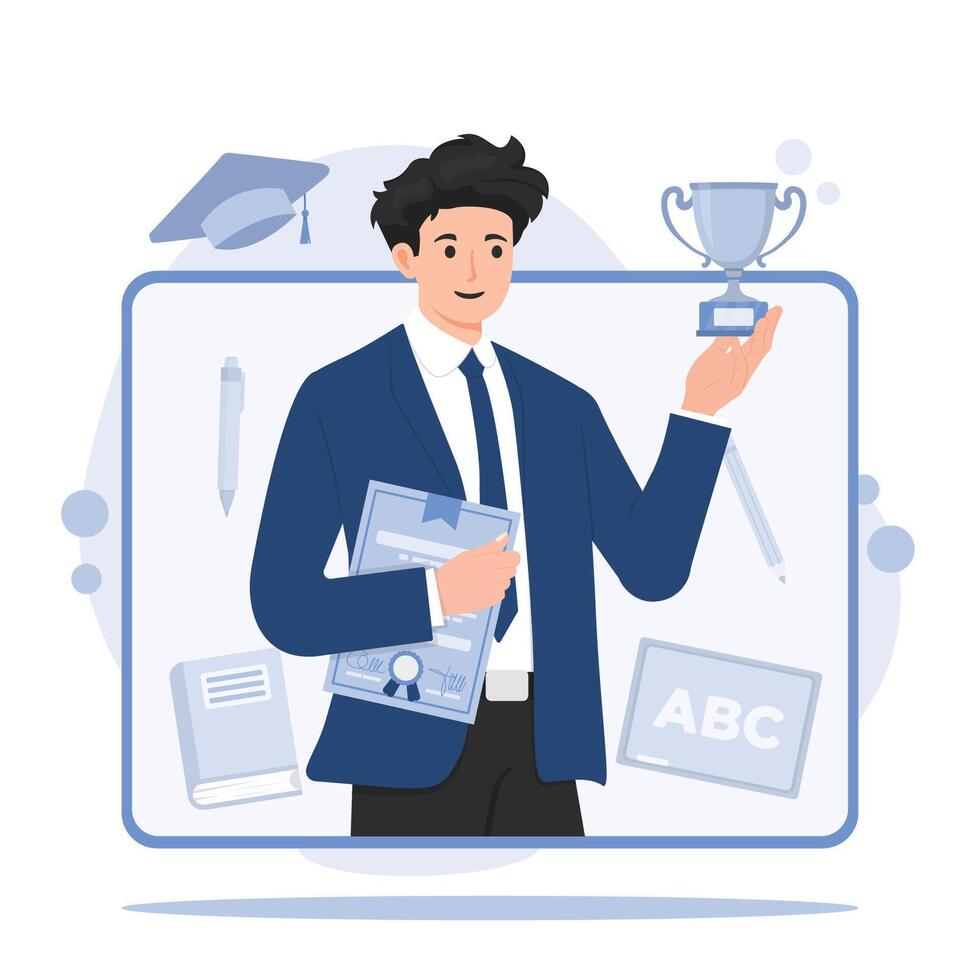 online course certification Businessman holding a trophy in his hand. Flat style illustration. vector