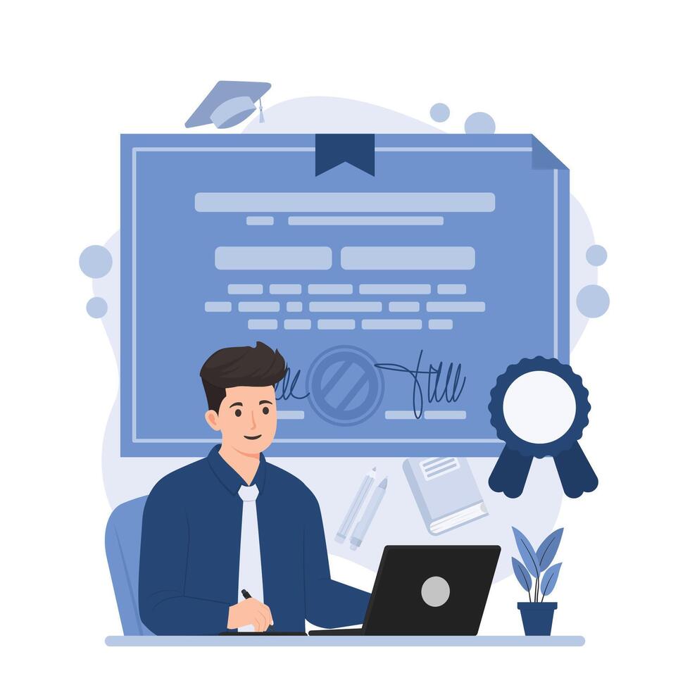 Graduate student at laptop. Online education certification concept. illustration in flat style vector