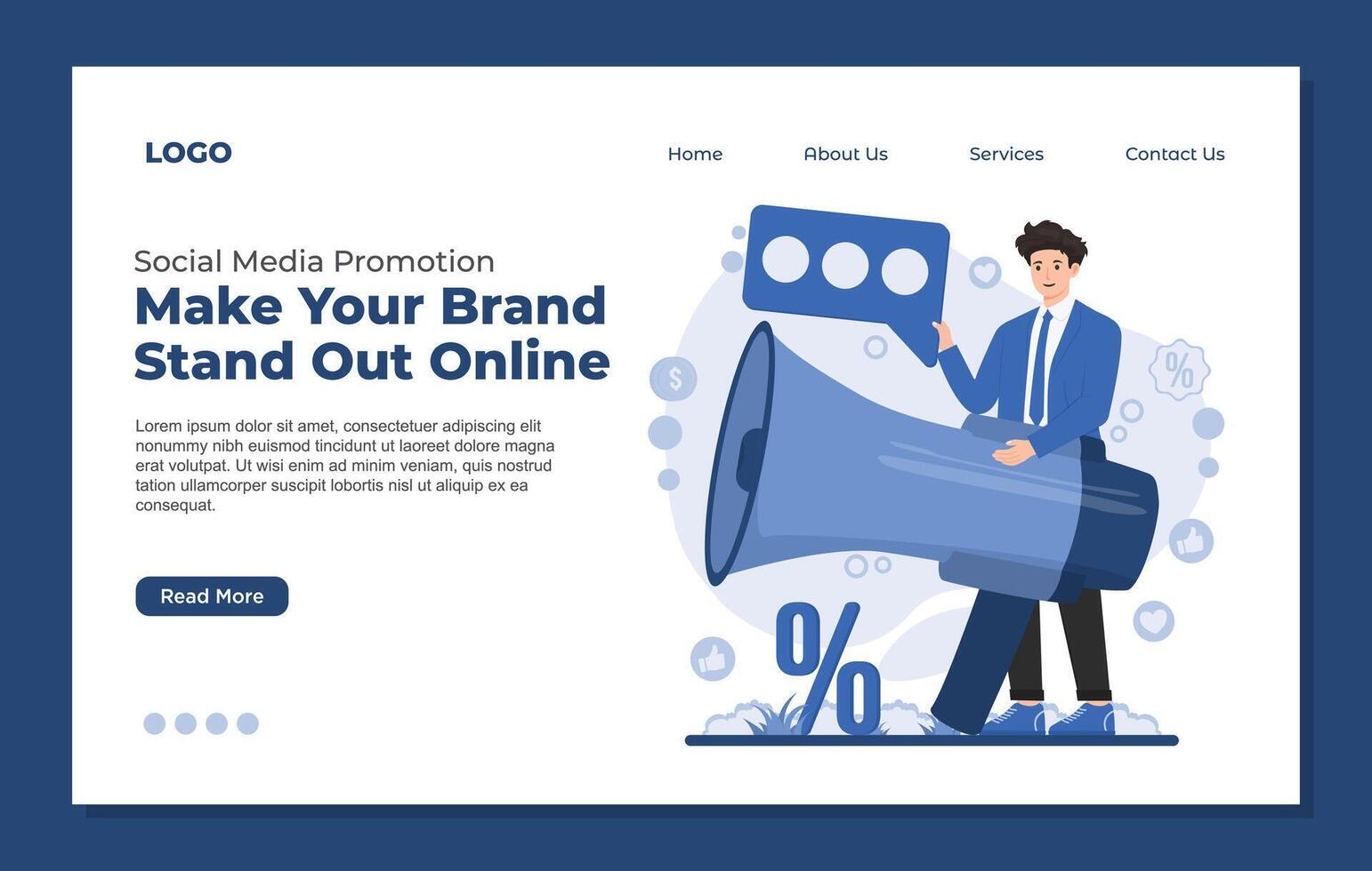 Landing page template for social media marketing promotion and advertising. Man with megaphone. illustration vector