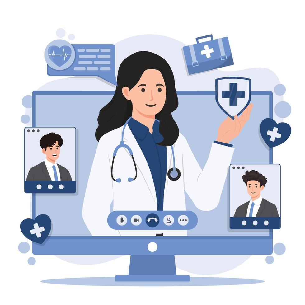 Online medical consultation. Doctor on computer screen. illustration in flat style vector