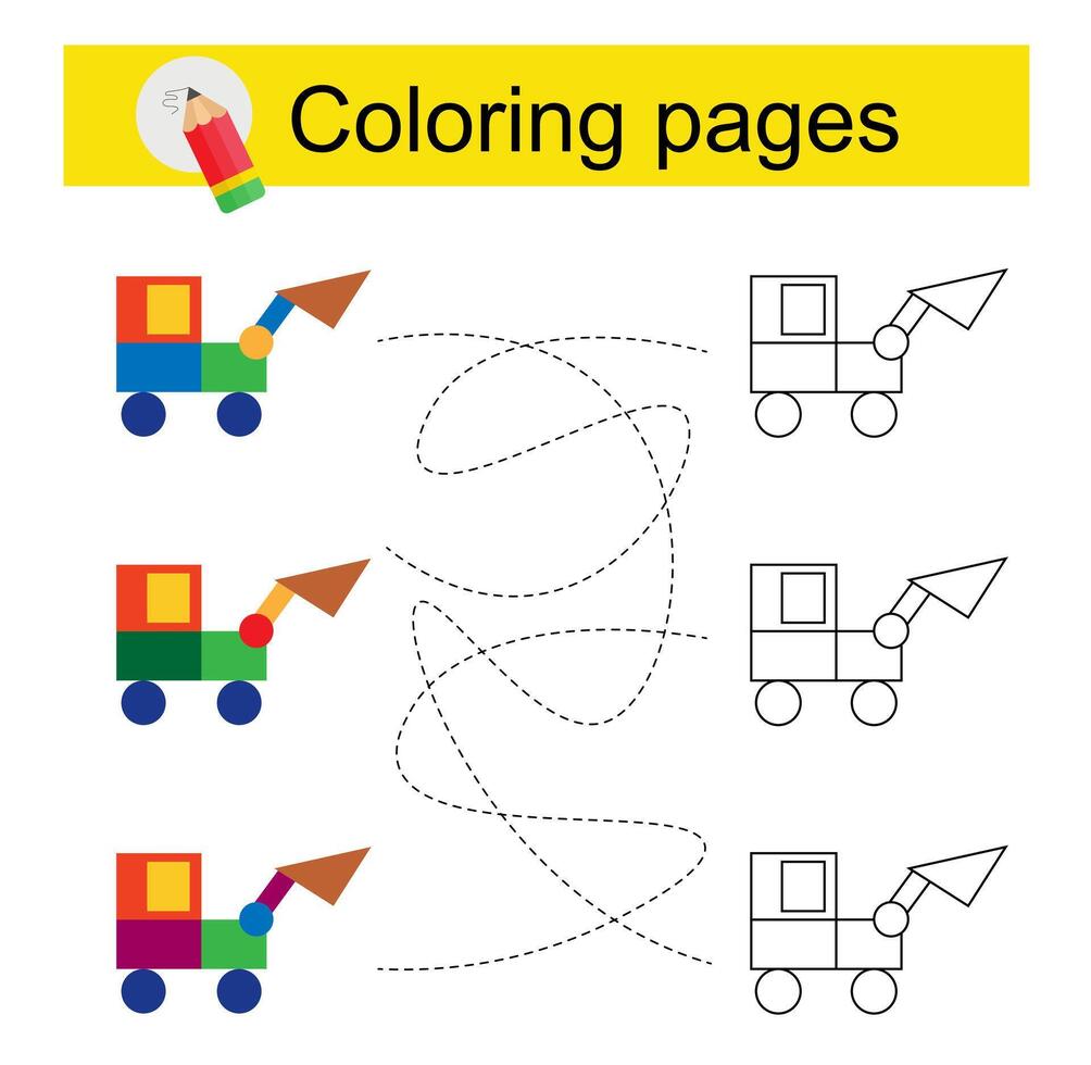 Educational game for kids. Go through the maze and color a cartoon excavator according to the pattern. vector
