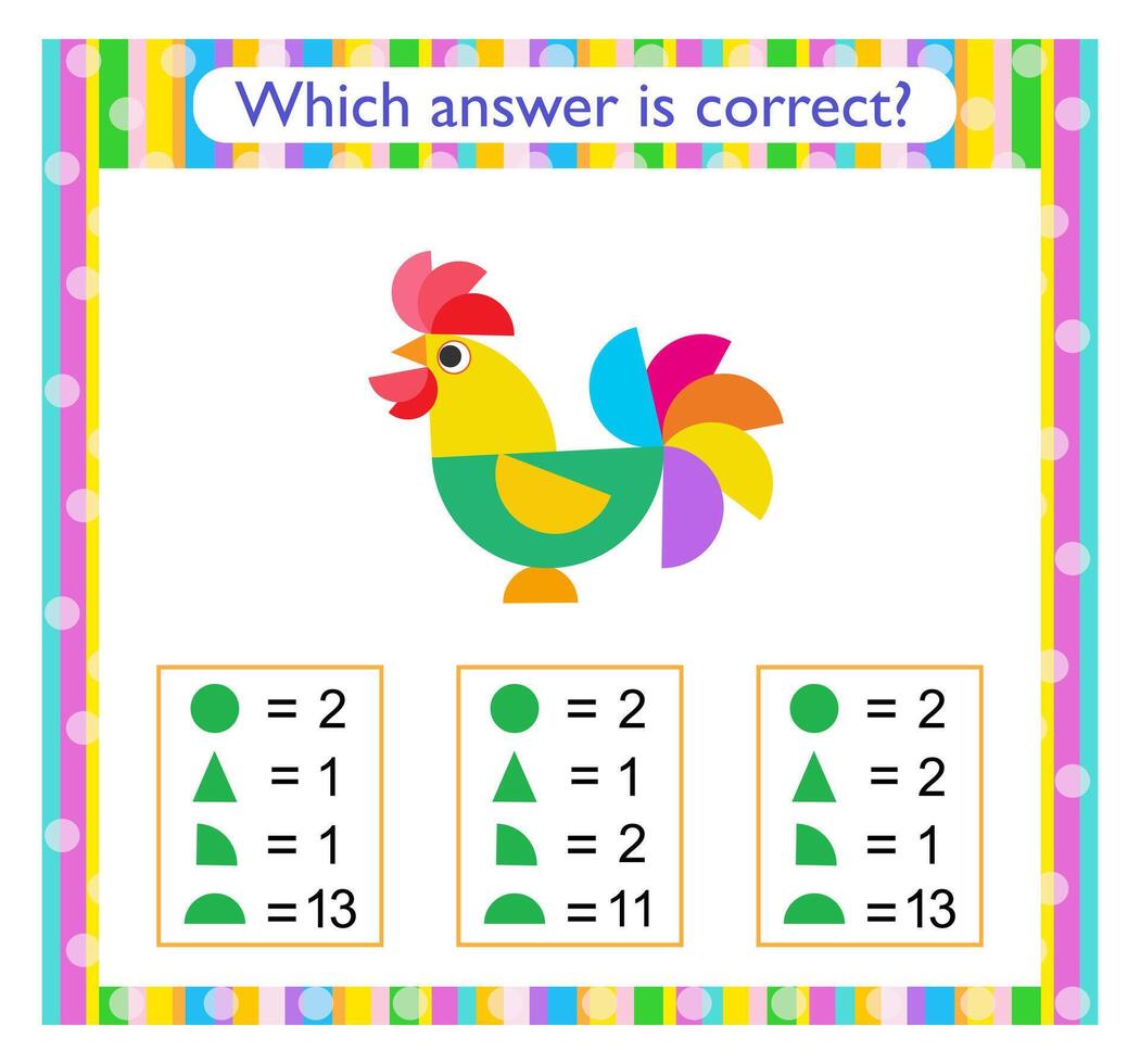 Math activity for kids. Need to find the correct answer. Cartoon rooster. vector