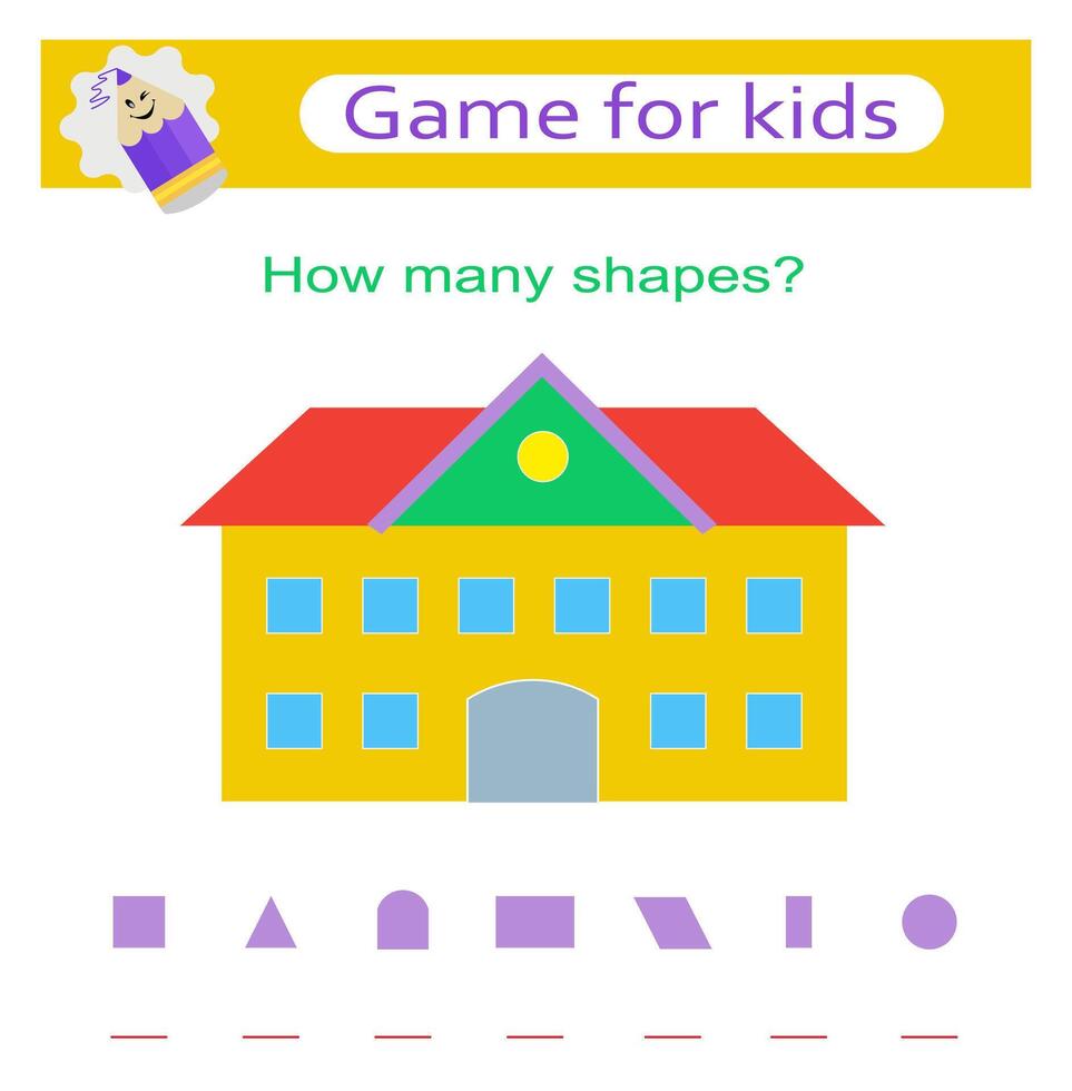 Math activity for kids. Count how many triangles, squares, circles, rectangles. vector
