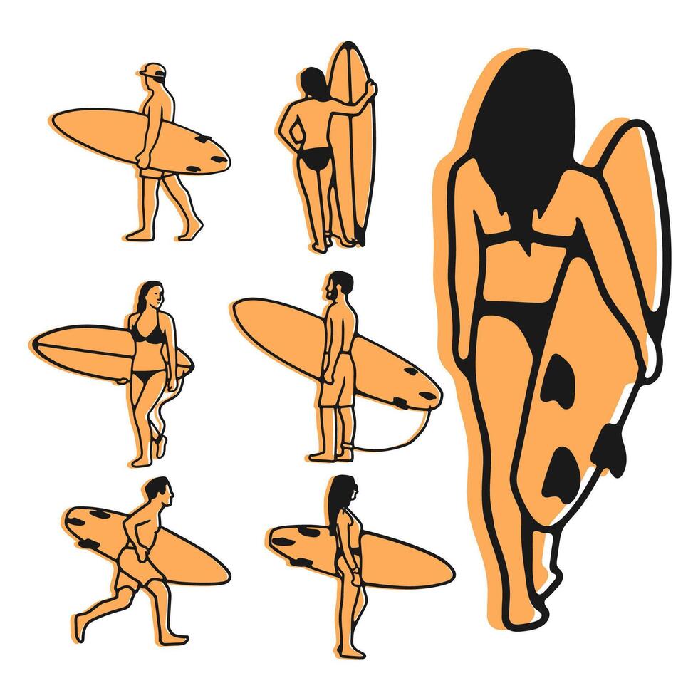 Art Illustration hand draw surfer boy and girl collection set vector