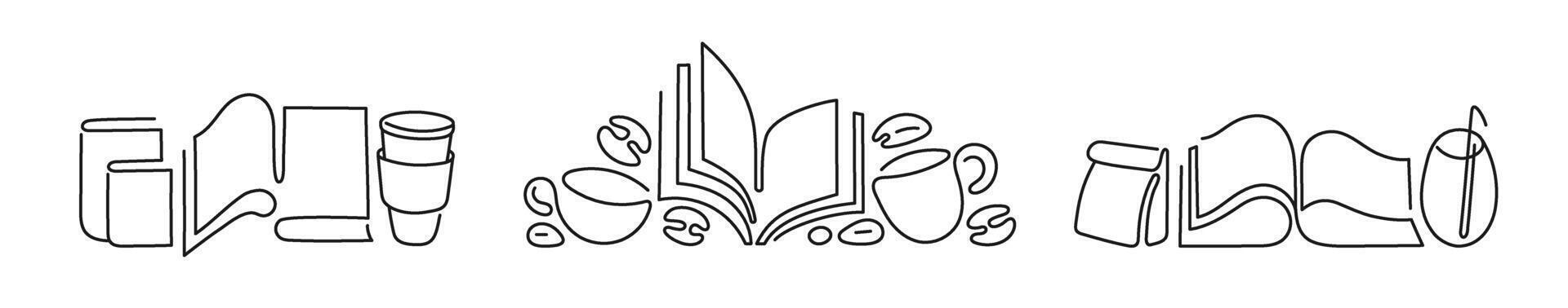 Open book, cup of tea, coffee. Cafe in library Set vector