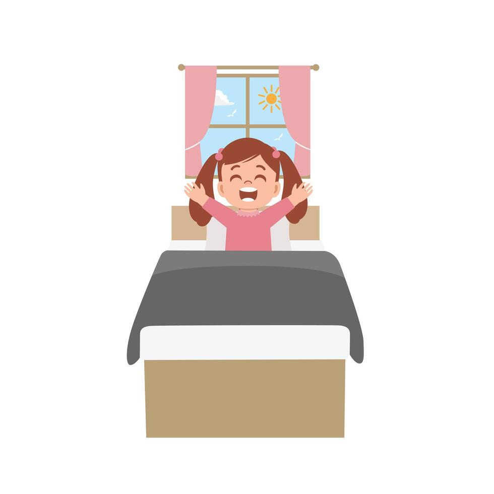 a cheerful young girl waking up in the morning vector