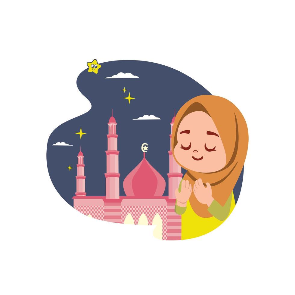 The girl has a peaceful expression with her eyes closed and hands raised in prayer vector