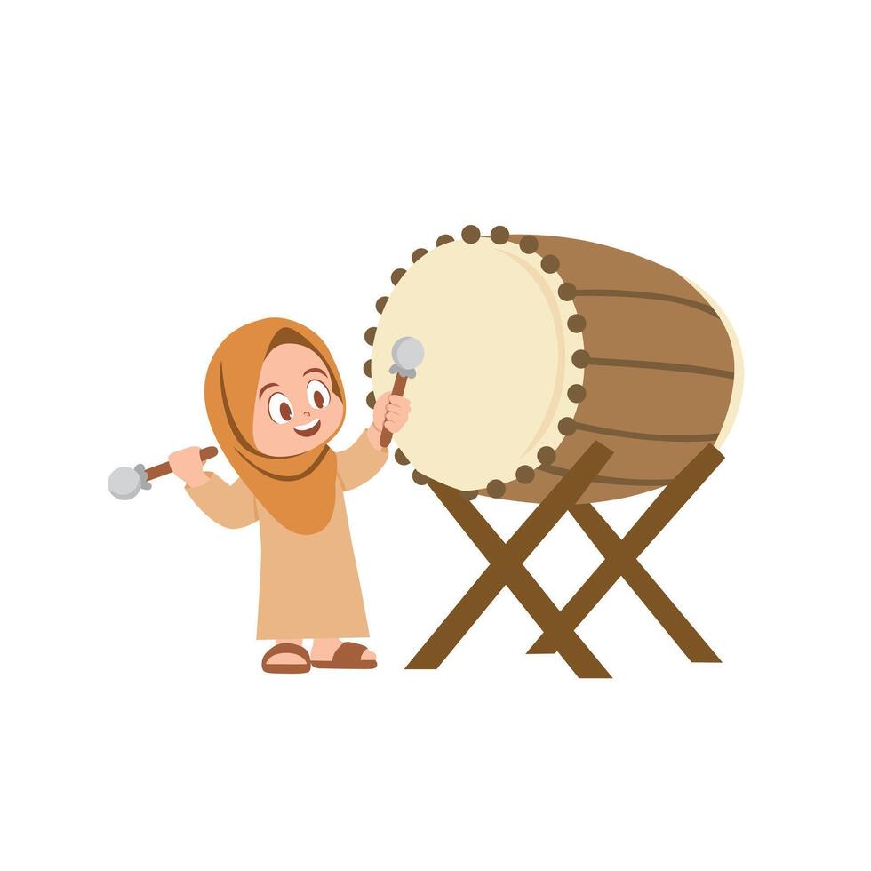 a young girl wearing a hijab and a modest dress, joyfully playing a large traditional drum vector