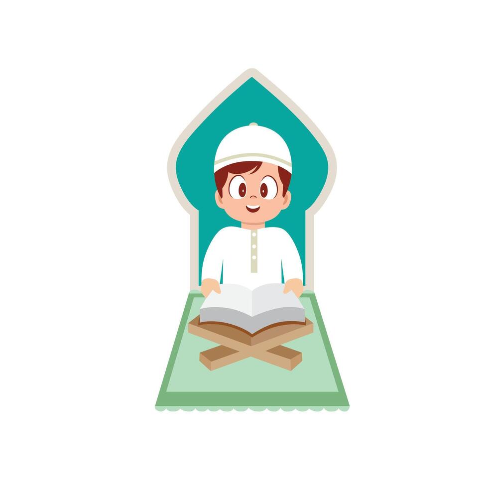 He is sitting on a prayer mat with a cheerful expression while reading vector