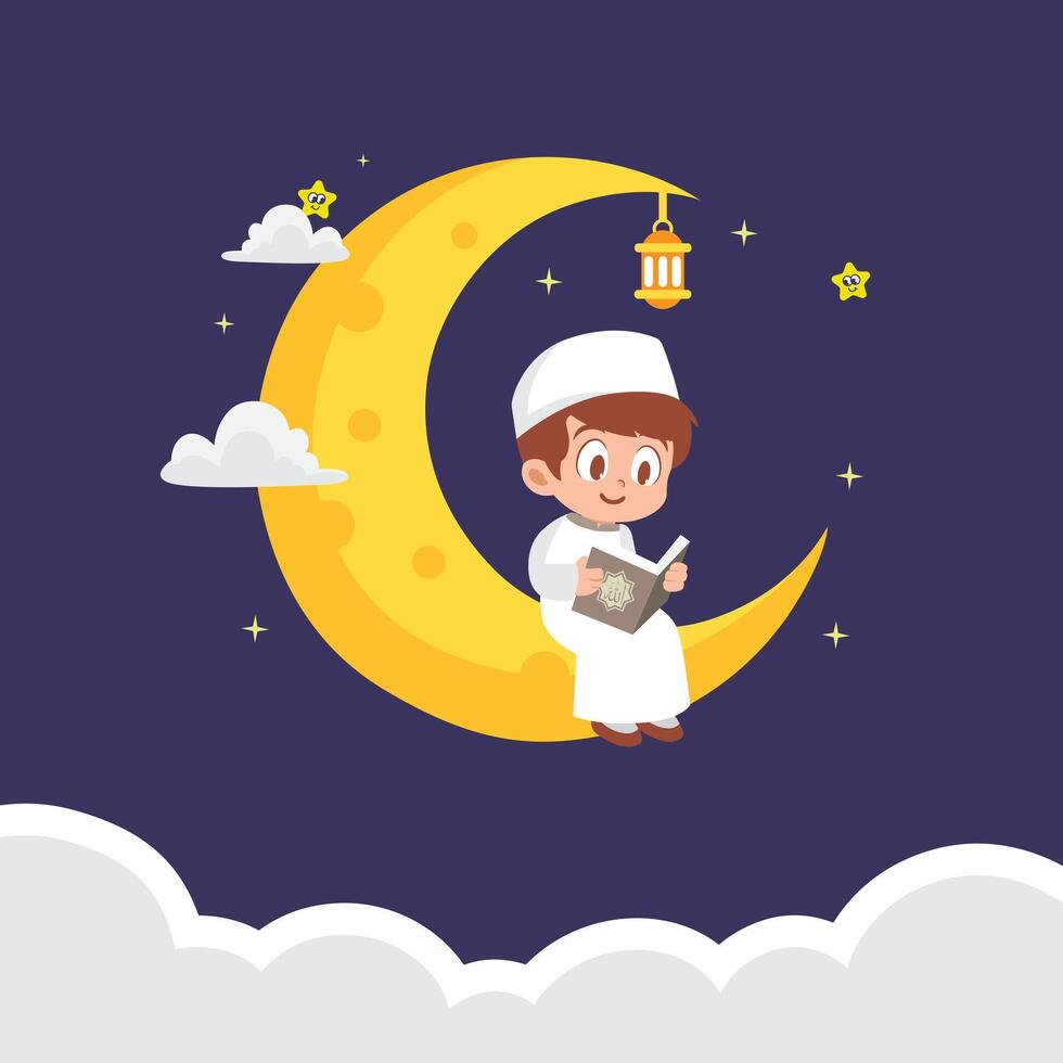 He is sitting on a bright yellow crescent moon, holding and reading the Holy Quran with a peaceful expression vector