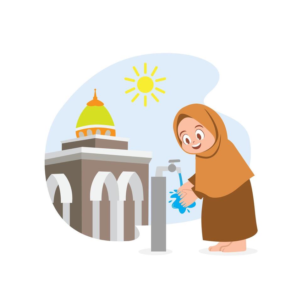 a young Muslim girl performing ablution before entering the mosque for prayer vector