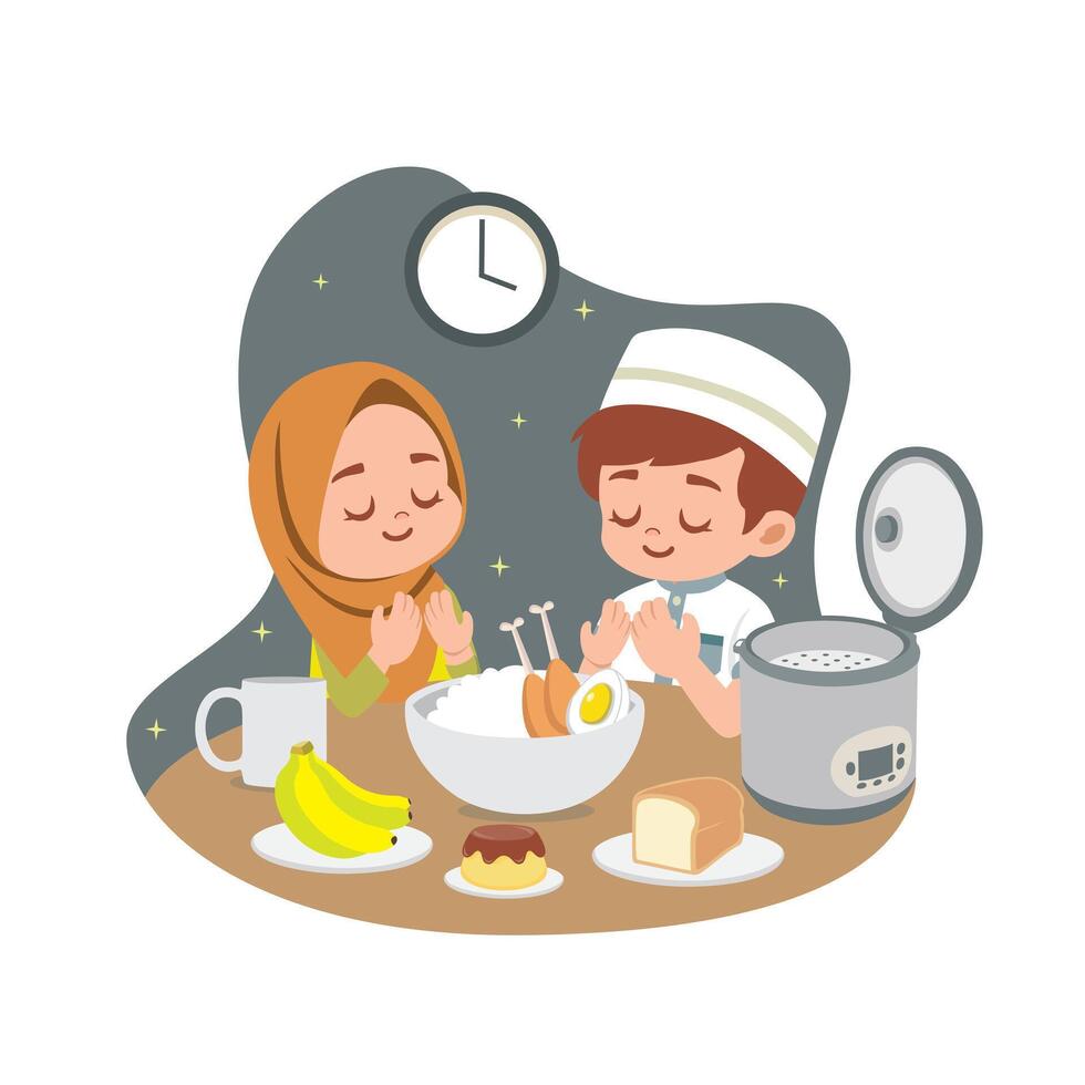 a beautiful moment during Ramadan as a young boy and girl sit at the dining table vector
