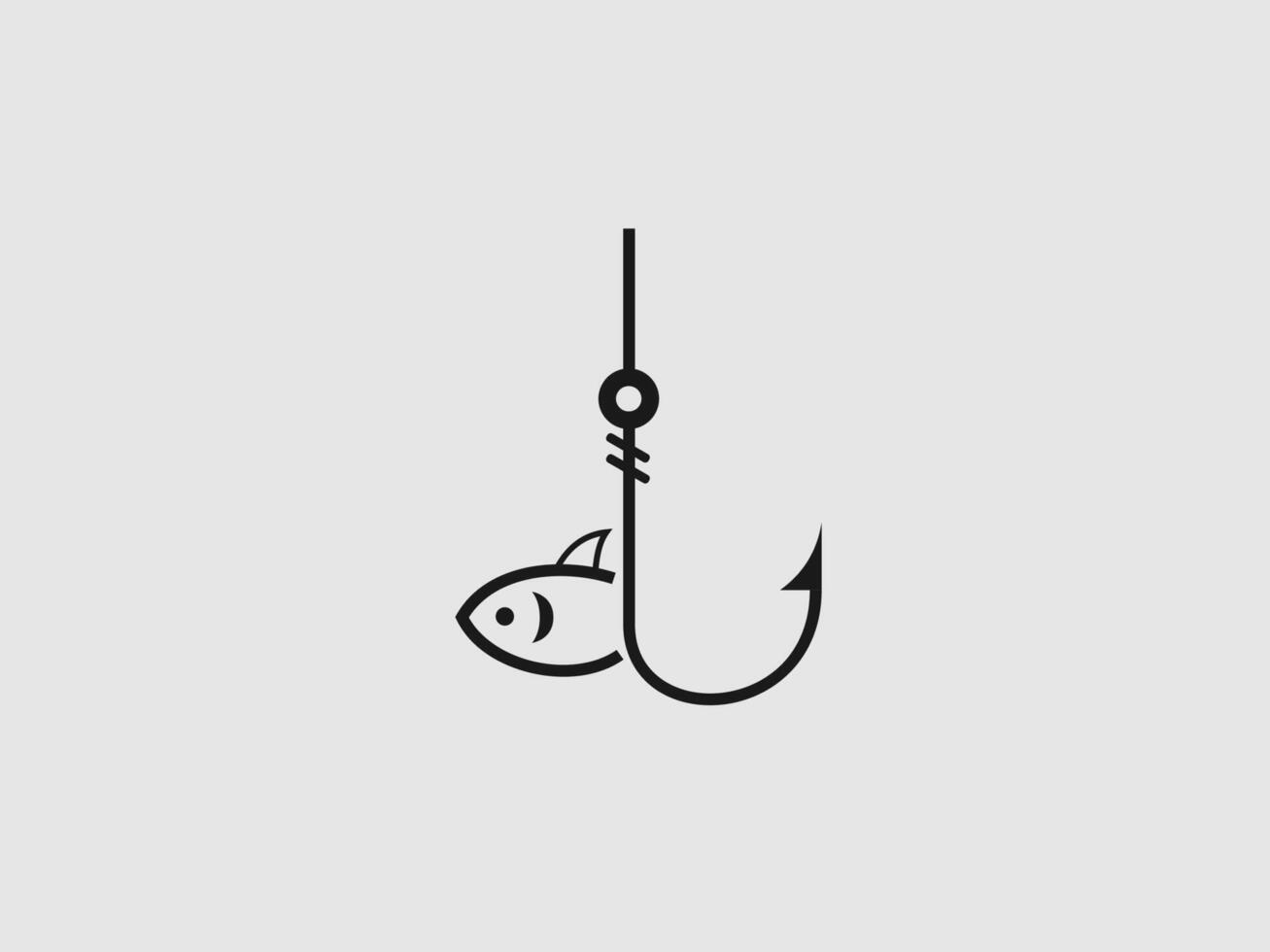 A minimalist illustration of a fishing hook with a small fish caught on the line vector