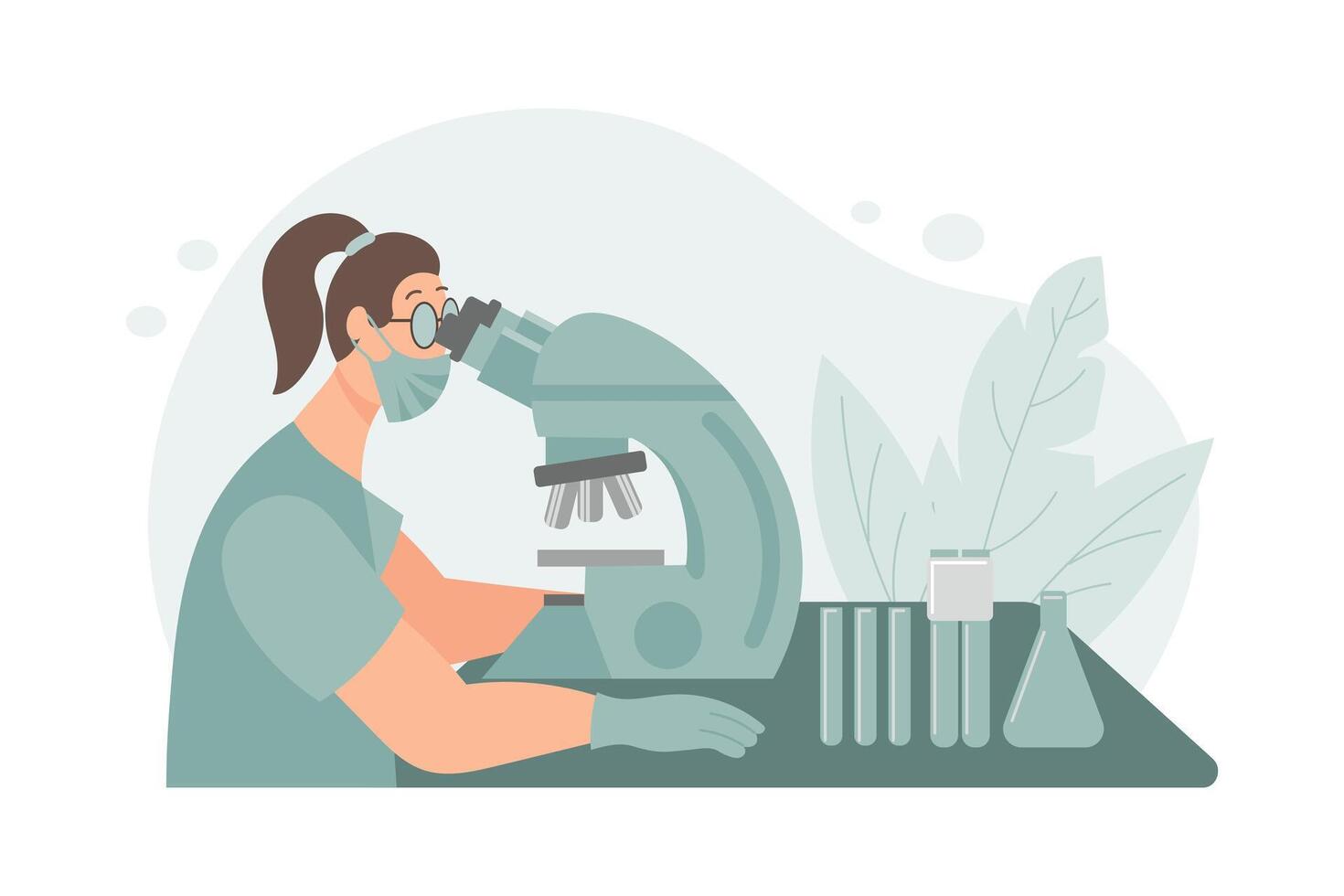 Woman microbiologist, microscope, test tubes and chemical flask. Laboratory concept. Flat illustration vector