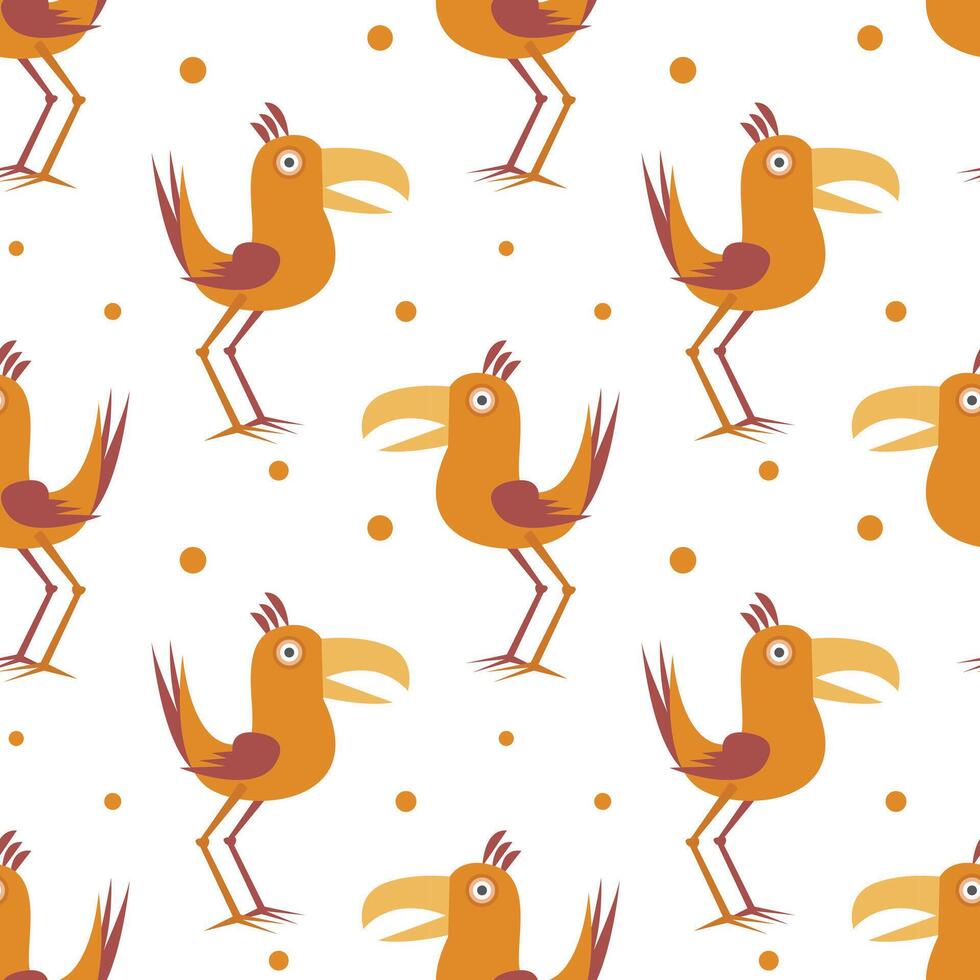 Seamless pattern, funny birds on a polka dot background. Children's print, textile vector