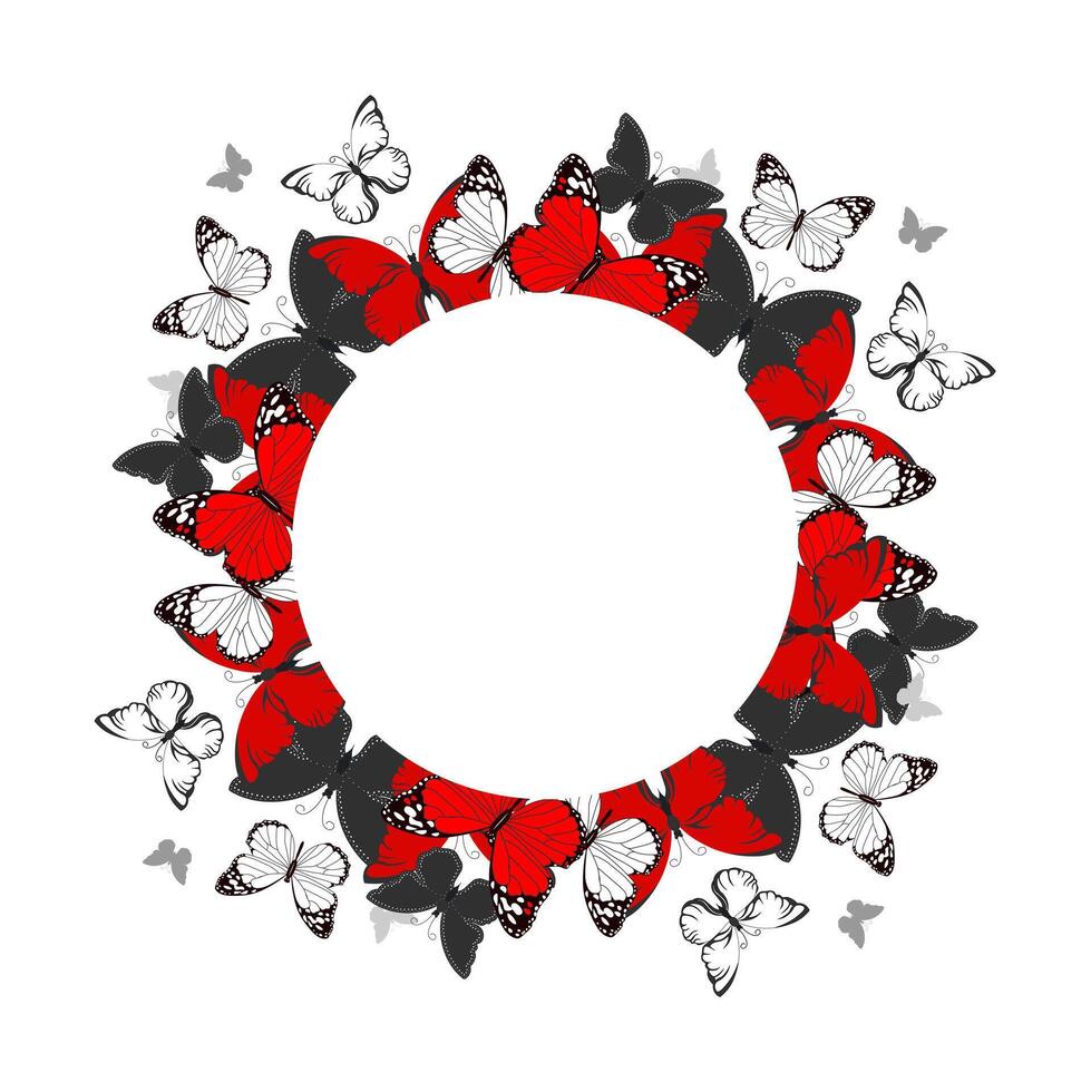 Round frame of red and white flying butterflies, poster. Wall art, illustration vector