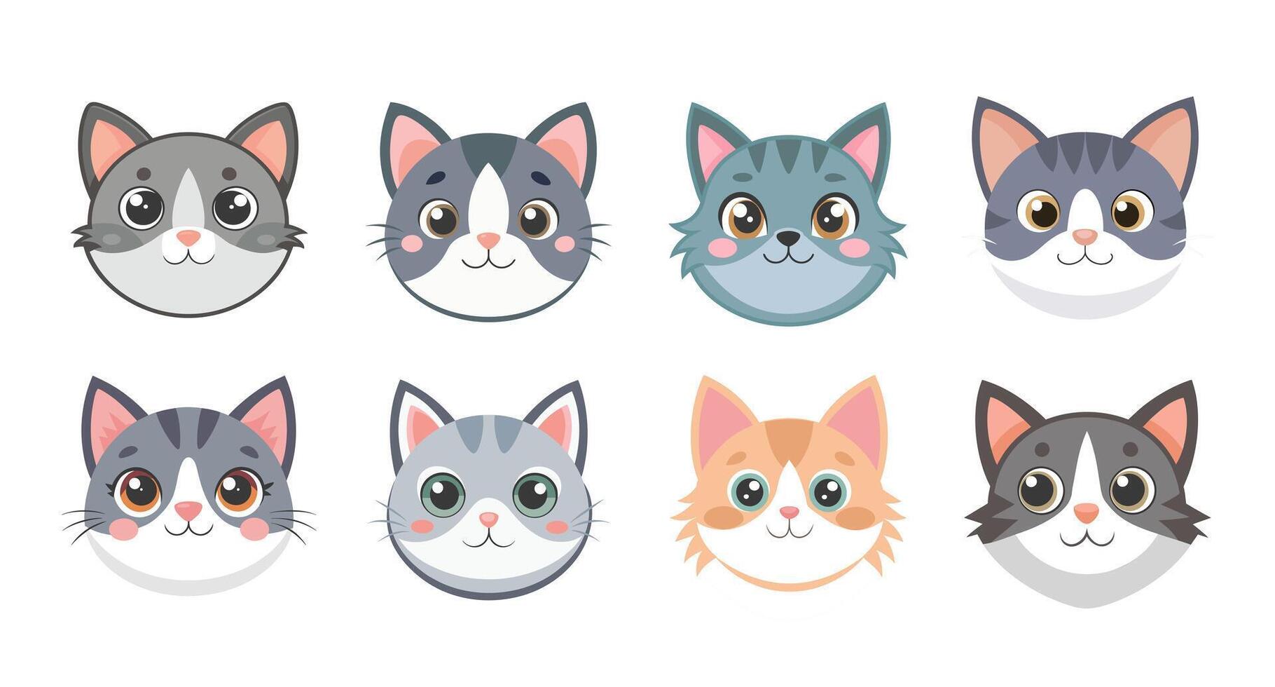 Collection of adorable cat faces perfect for designs and illustrations. Cute cats. Flat style illustration. vector