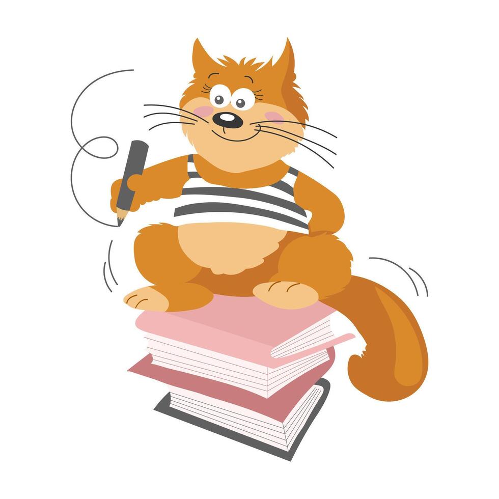 Hand drawn ginger cat with pencil sitting on books. Print, illustration vector