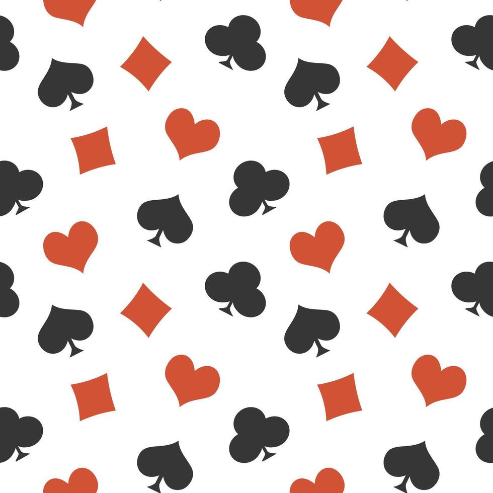 Seamless pattern of card symbols on a white background, spades, crosses, hearts, diamonds. Print, textile vector
