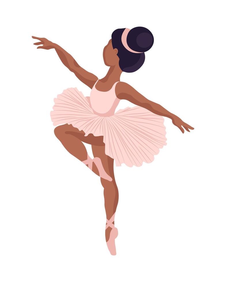 Dancing little girl ballerina in pink dress and pointe shoes. Flat illustration, poster vector