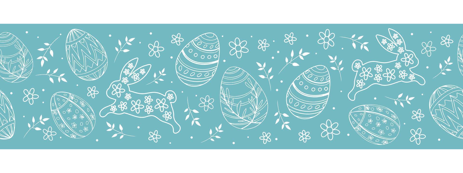 Horizontal seamless pattern with Easter bunnies, flowers and decorated eggs. Easter hand drawn background for textiles, cards, banners, wallpapers. vector