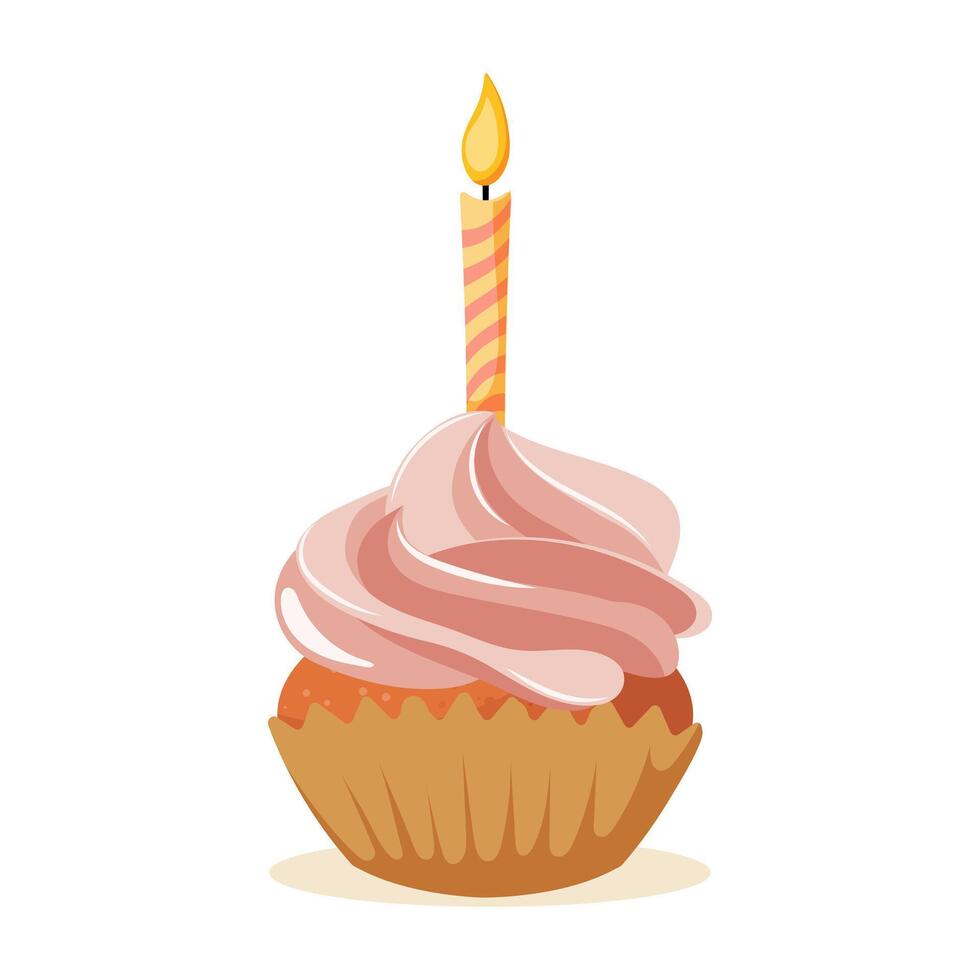 Festive cupcake with candle. Happy birthday card, illustration vector
