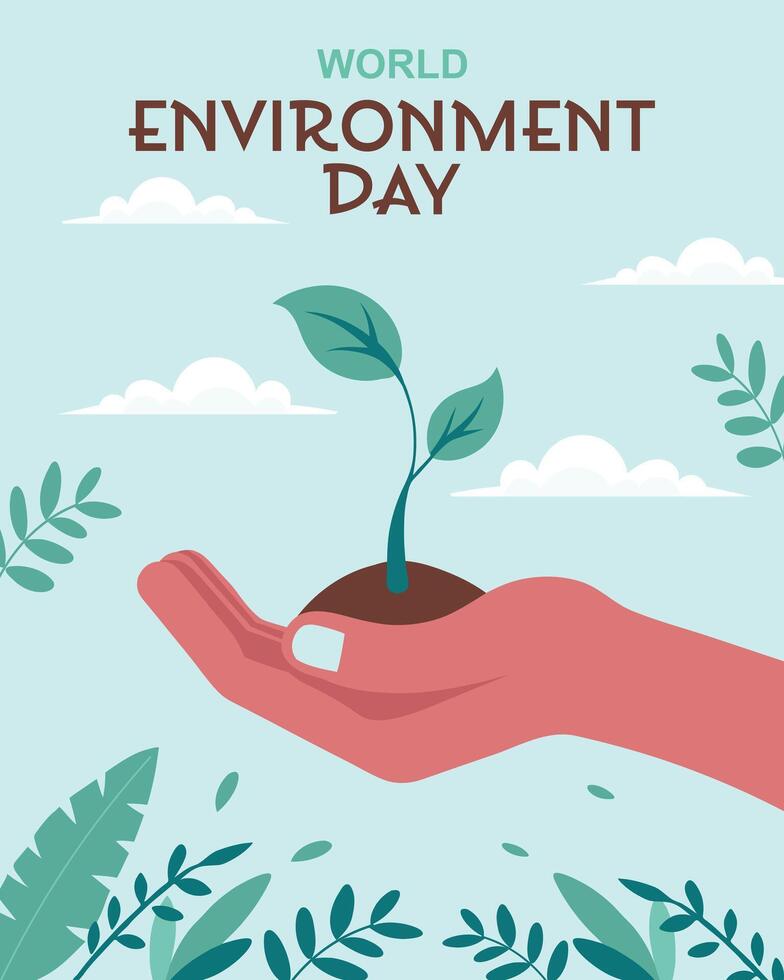 World Environment Day banner. Hand holding a growing plant symbolizing environmental protection. vector