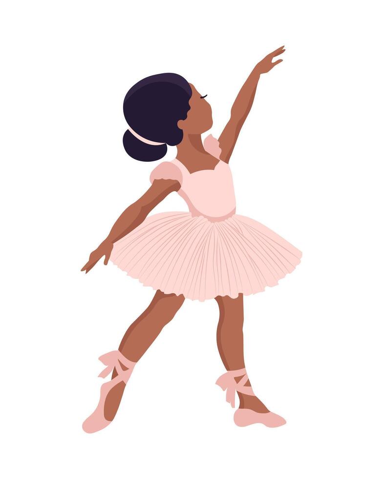 Dancing little girl ballerina in pink dress and pointe shoes. Flat illustration vector