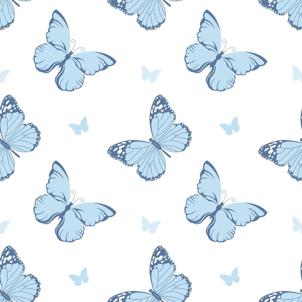 Seamless pattern, cute blue butterflies on a white background. Print, textile vector