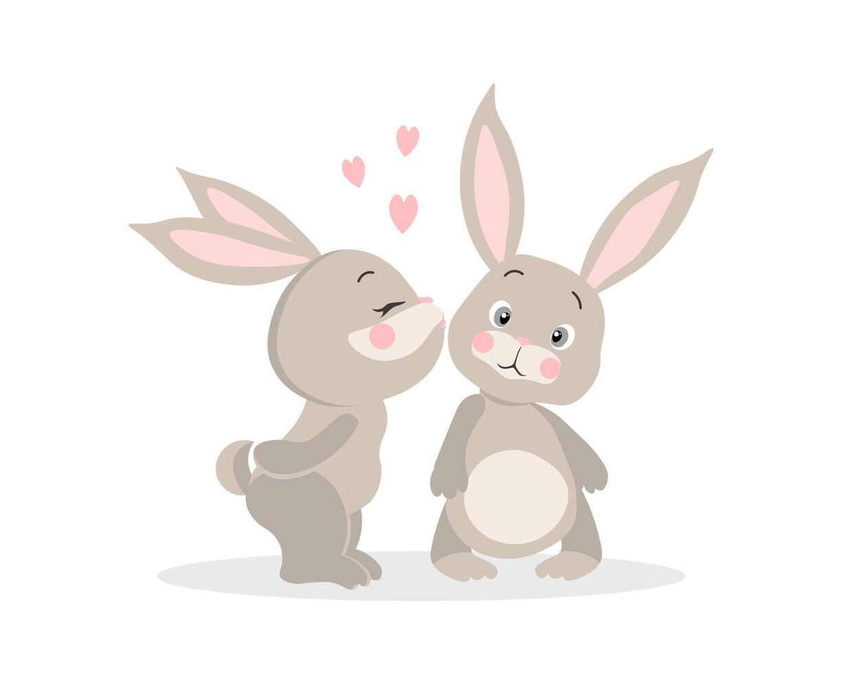 Cute enamored bunnies are kissing on a background with hearts. Greeting card, illustration vector