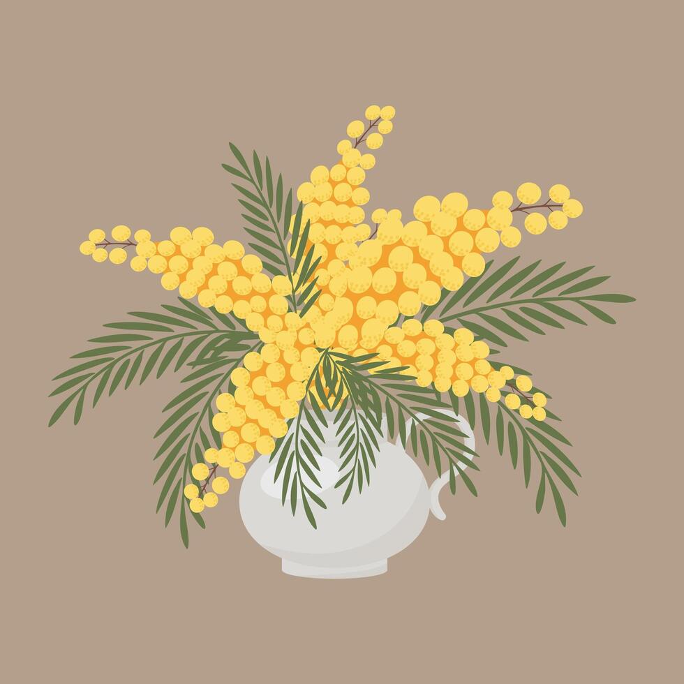 Mimosa flowers in vase isolated on white background. Festive spring illustration vector
