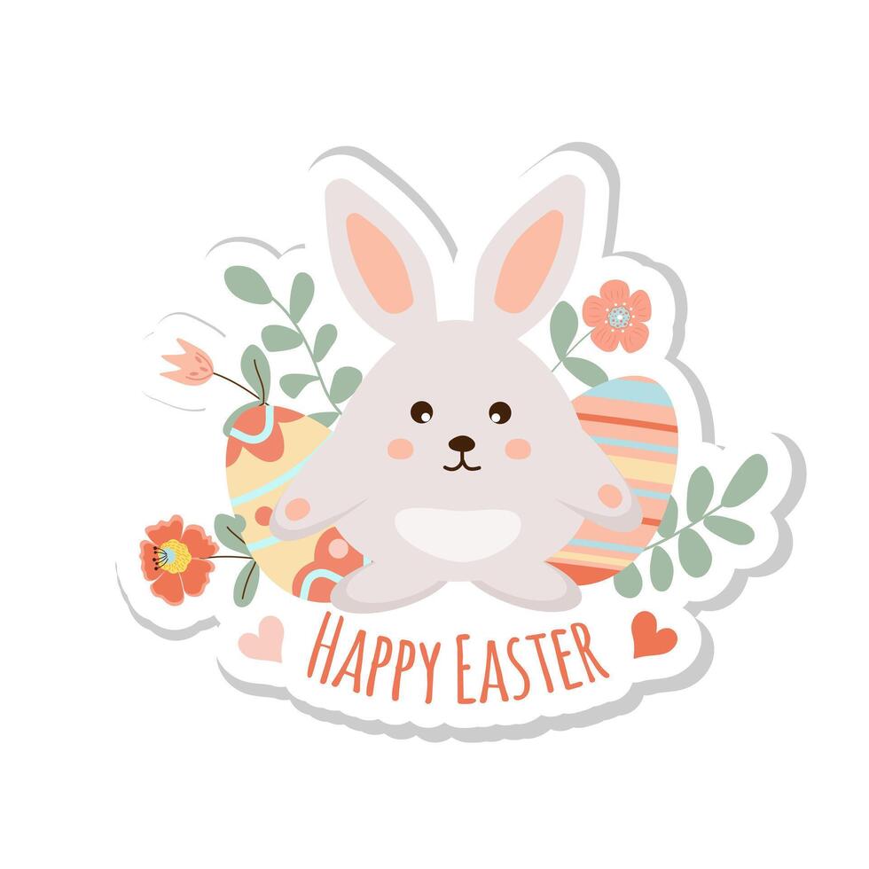 Happy easter sticker. Cute little rabbit with easter eggs on white background. Can be add text. Design for banner, poster, postcard. EPS10. vector