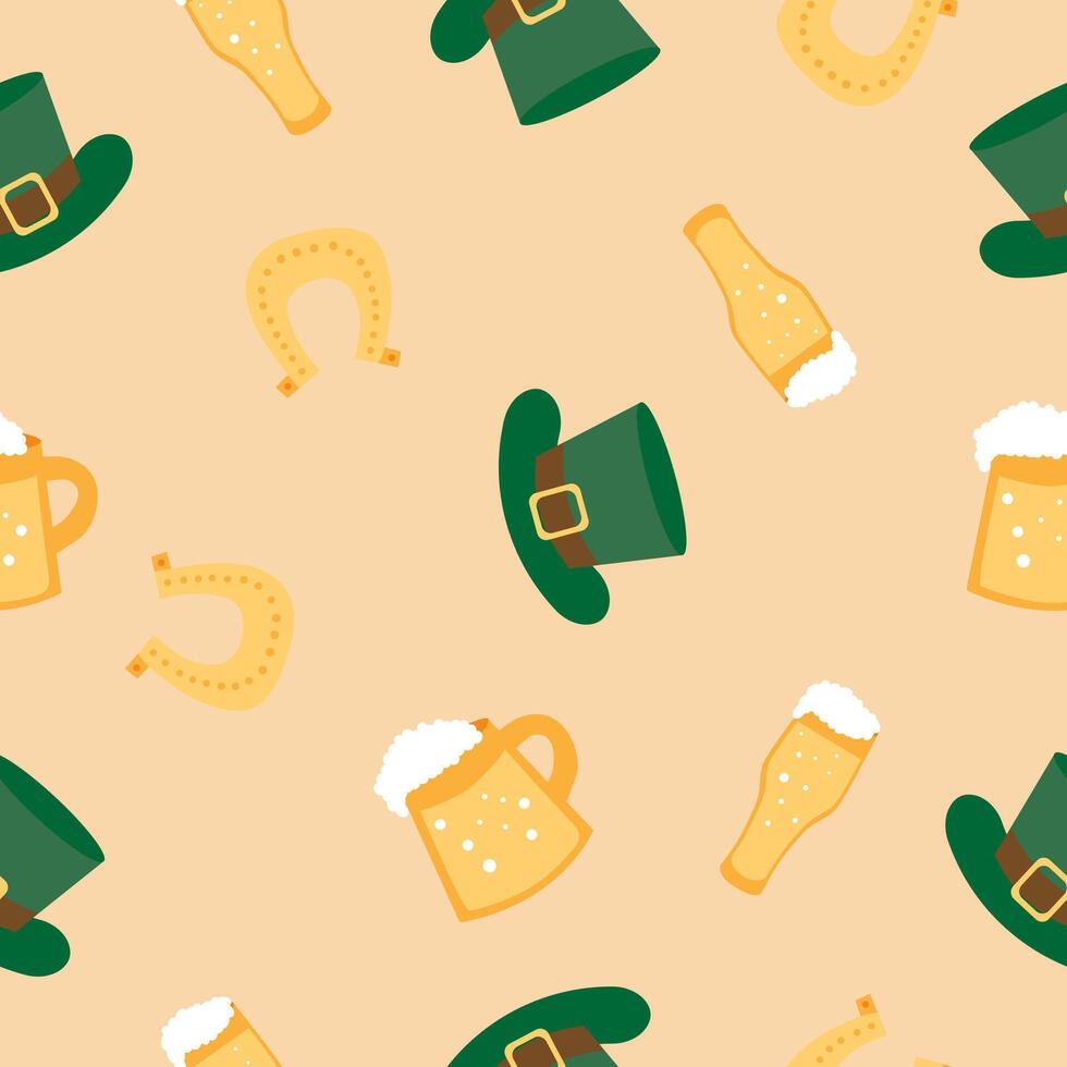 Seamless pattern St. Patrick's Day with green hat, horseshoe, beer, beer mug, glass of beer on orange background. vector