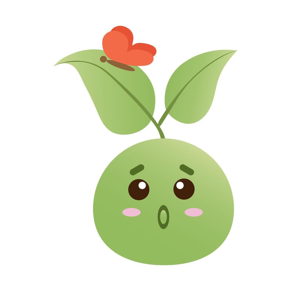 Funny green sprout face with joyful emotion. Spring, summer surprised sprout with butterfly on leaf. illustration EPS 10. vector