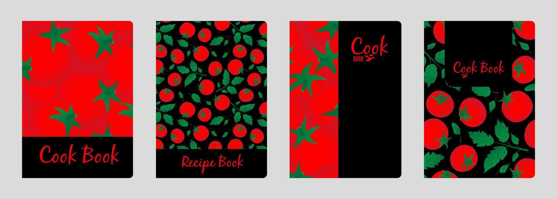 Set of cover designs for notebook, notepad, cook book, catalog with red, ripe tomato. Vertical format A4, A5. vector