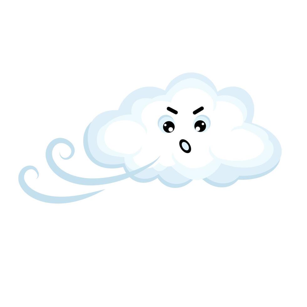 Cute sad kawai cloud. An angry cloud blows, creating wind. Cartoon style comic, weather icon. vector