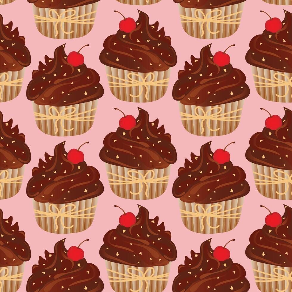 Seamless pattern for kitchen decor. Delicious chocolate cupcake with whipped cream and cherry. cartoon illustration of sweet food. vector