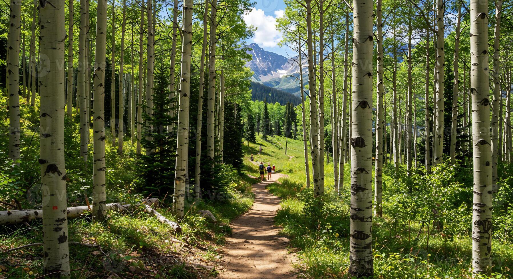 Sunlight filters through aspen grove path photo